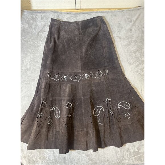 Spiegel Brown Suede Leather Embroidered Skirt Paisley Boho Size 16 - Picture 1 of 13